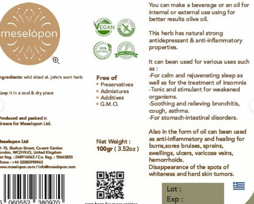 Dried St. John's Wort Herb Leaves, 100gr Nutrition Label