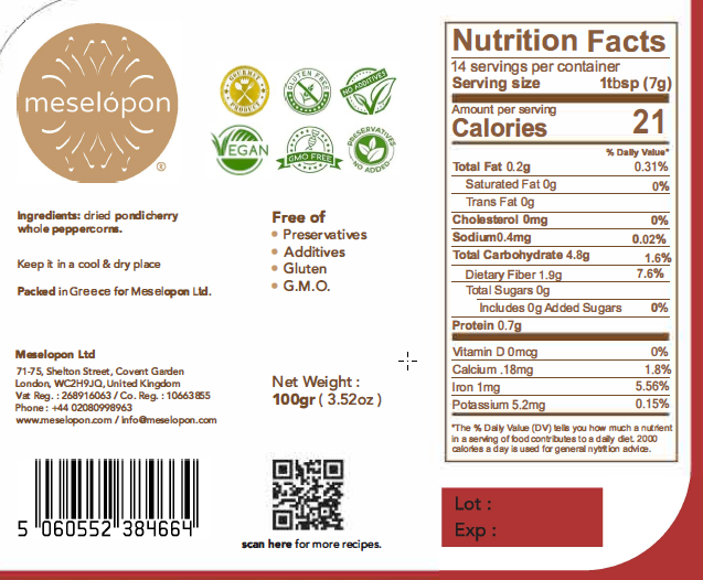 Dried Rare Pondicherry Pepper Whole 100gr Nutrition Label