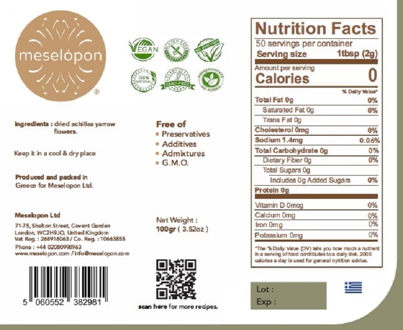 Dried Achillea, Yarrow Herb Flowers 100gr Nutrition Label