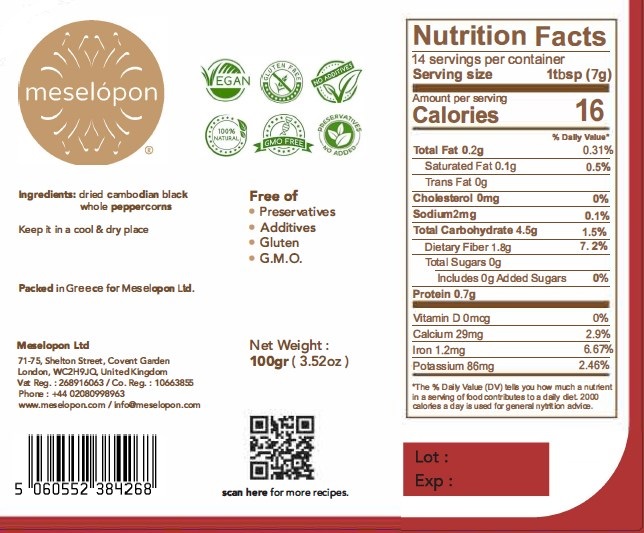 Dried Cambodian Black Pepper Whole 100gr Nutrition Label