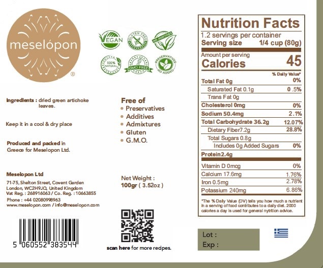 Dried Green Artichoke Herb Leaves 100gr Nutrition Labels