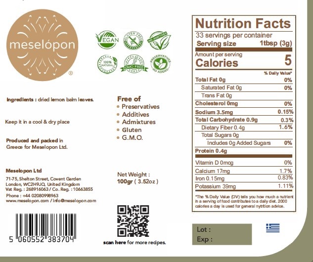 Dried Lemon Balm Herb Leaves 100gr Nutrition Label