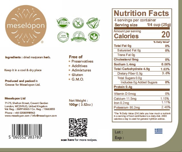 Dried Marjoram Herb 100gr Nutrition Label