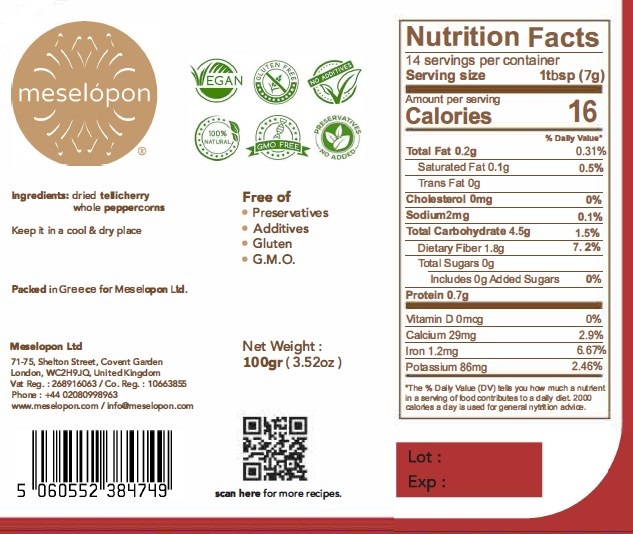 Dried Tellicherry Pepper Whole 100gr Nutrition Label
