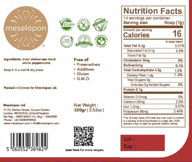 Dried Vietnamese Black Pepper Whole 100gr Nutrition Label Label