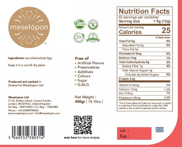 Figs Sun Dried Whole Fruit, 400gr Nutrition Label