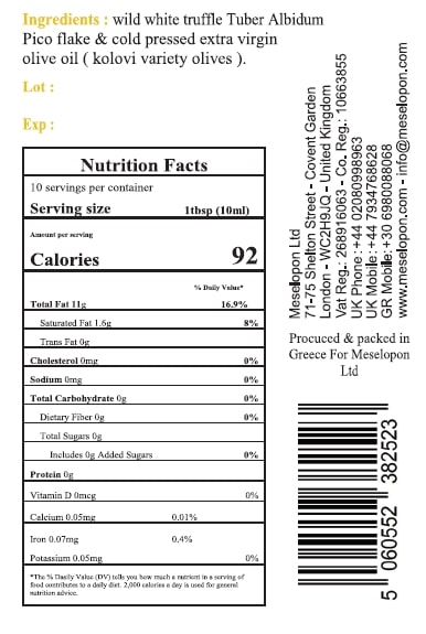 White Truffle Oil, Infused Extra Virgin Olive Oil Cold Pressed 100ml, Nutrition Label