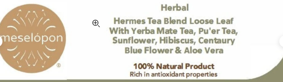 Hermes Tea Blend Loose Leaf With Yerba Mate Tea, Pu'er Tea, Sunflower, Hibiscus, Centaury Blue Flower & Aloe Vera label