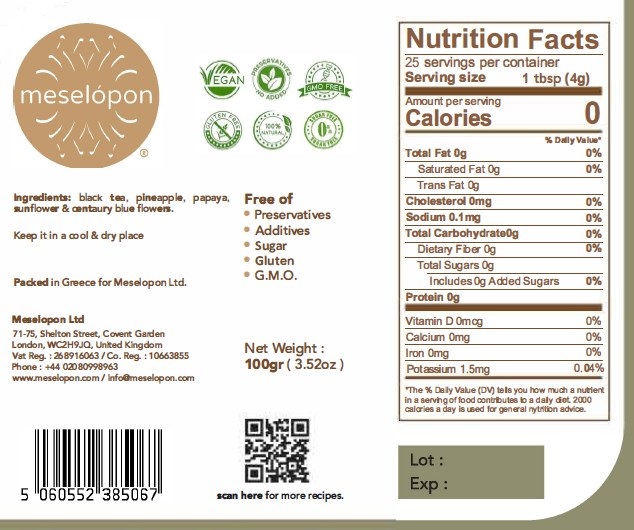Apollo Tea Blend Loose Leaf With Black Tea, Pineapple, Papaya, Sunflower & Centaury Blue Flowers 100gr Nutrition Label
