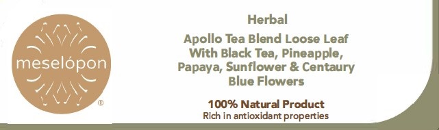 Apollo Tea Blend Loose Leaf With Black Tea, Pineapple, Papaya, Sunflower & Centaury Blue Flowers Label