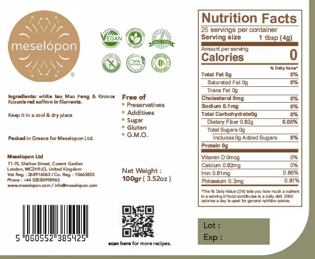 Red Saffron Tea Blend Loose Leaf With White Tea Mao Feng & Krokos Kozanis Red Saffron In Filaments 100gr Nutrition Label