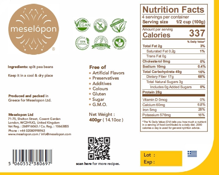 Split Peas ( Fava ) Legume, 400gr Nutrition Label