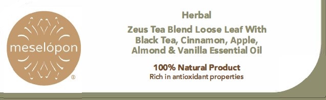 Zeus Tea Blend Loose Leaf With Black Tea, Cinnamon, Apple, Almond & Vanilla Essential Oil Label